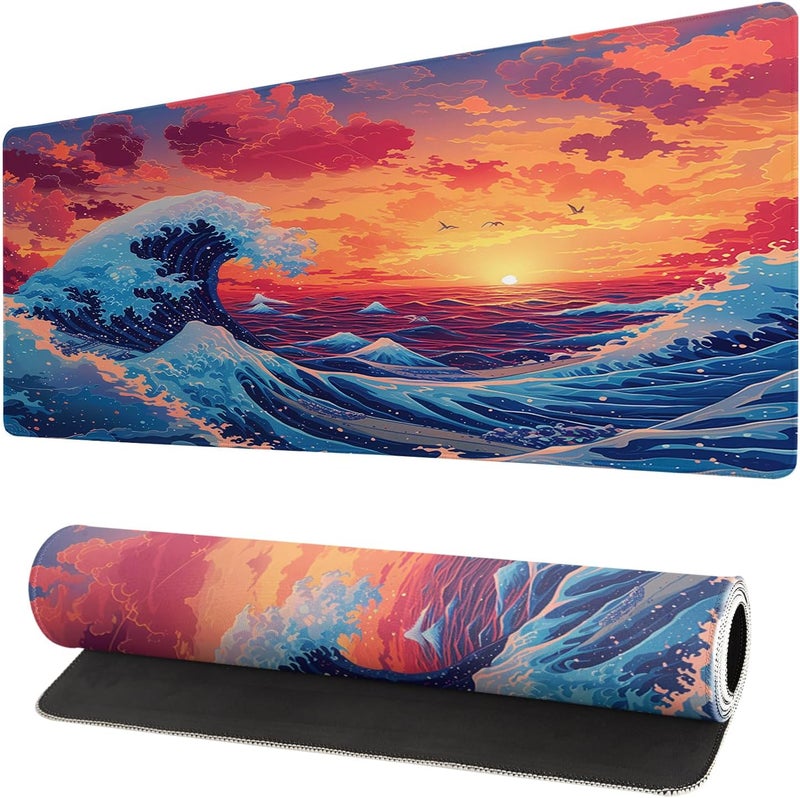 Brecoy Gaming Mouse Pad Desk Pad,Extended Big Mouse Pad,31.5x11.8 Inch Long Computer Keyboard Mouse Mat Mousepad with 3mm Non-Slip Base and Stitched Edge for Gaming and Office… (Sunset Wave) - Image 1